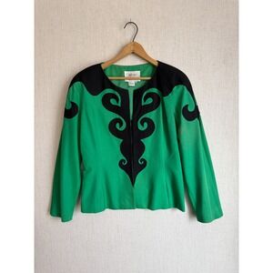 Constance Saunders‎ Vintage Silk Blazer Green Black Applique Scroll Jacket Sz 10